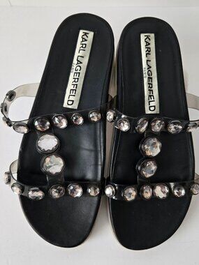 ⚜️Karl Lagerfeld Black Slide Sandals with Clear Gem Studs